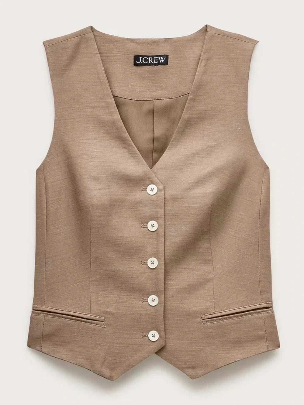 NWT J. Crew Shrunken V-Neck Vest in Gramercy Linen Blend in Worn Teak